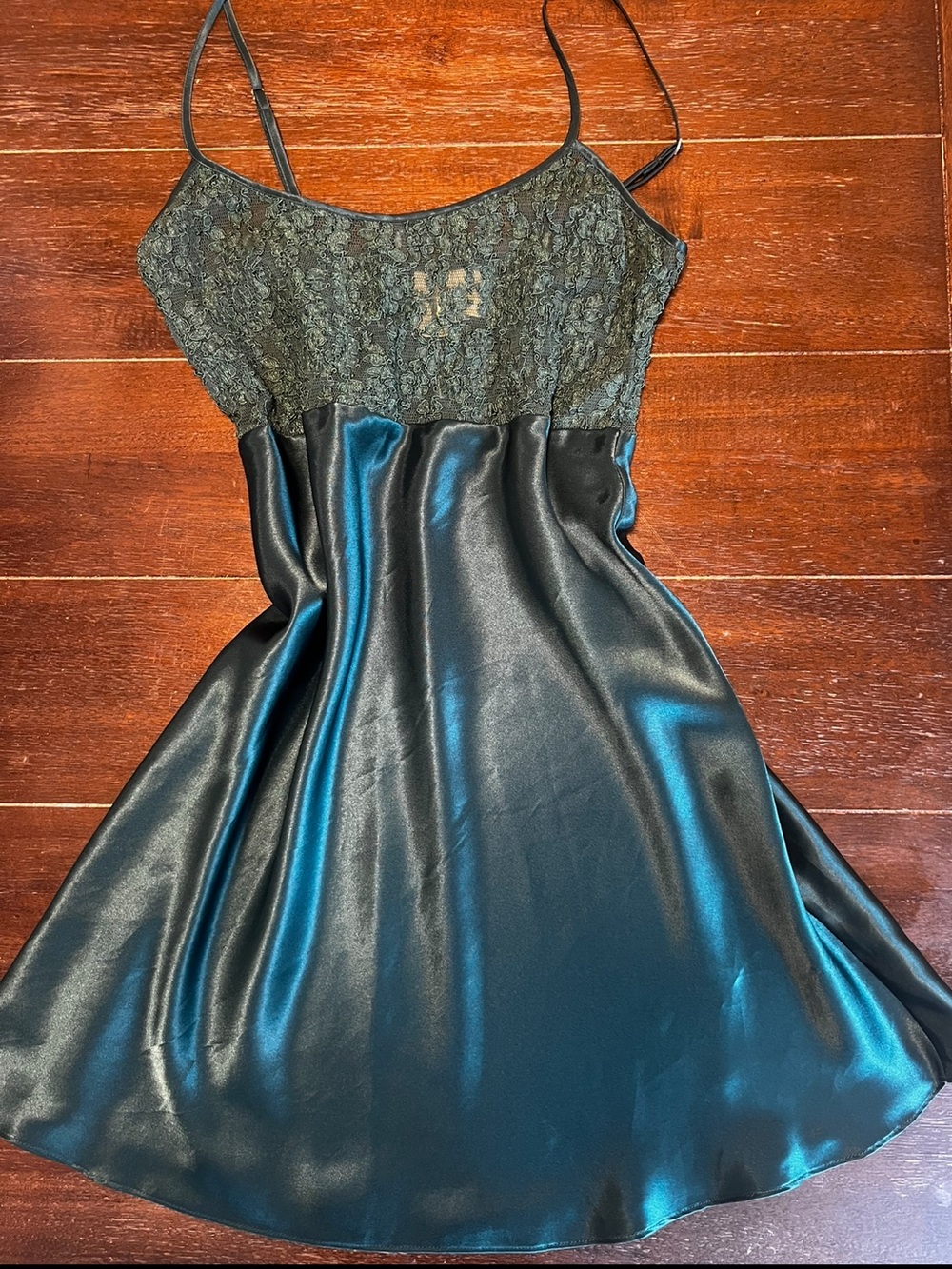 Vintage Victoria's Secret Gold Crown Label Dark Green Satin & Lace Slip